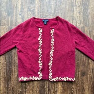 Women’s Ann Taylor Red Wool Cardigan With Cream Embroidery - Size S